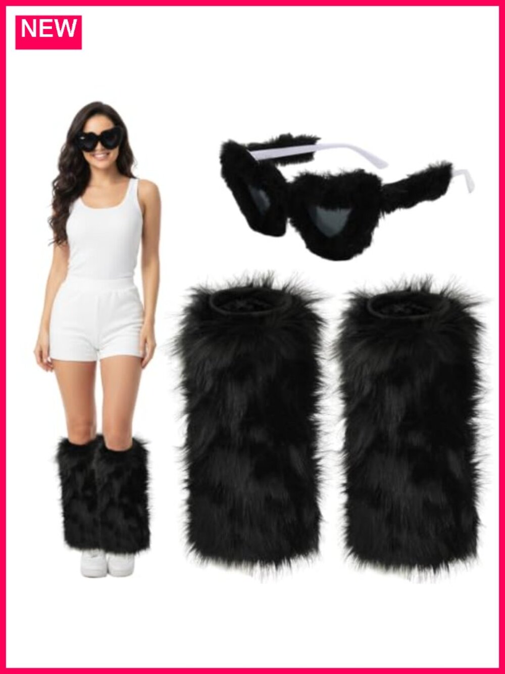 Faux Fur Leg Warmers with Sunglasses Set - Fluffy Boot Cuffs for Halloween